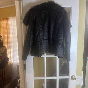 New! Black Rivet Women's Black Leather Jacket with Faux Fur